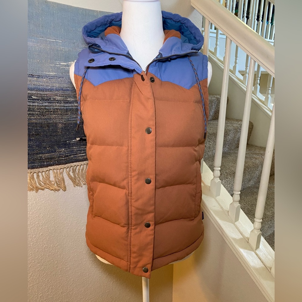 Patagonia Hooded Down Bivy Vest Orange and Blue